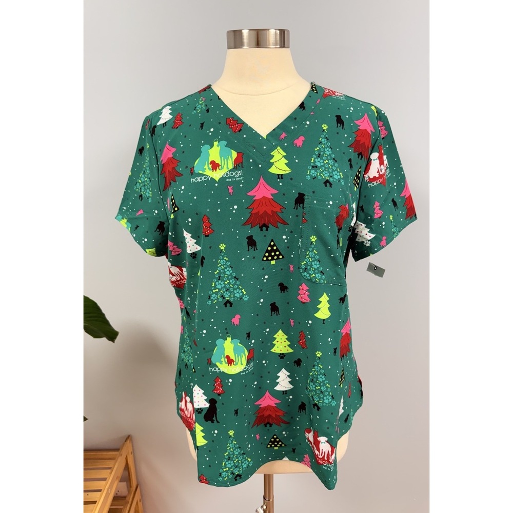 NWT Cherokee Christmas Dog Is Good Scrub Top M Happy Holidogs Green Scrubs Dogs
